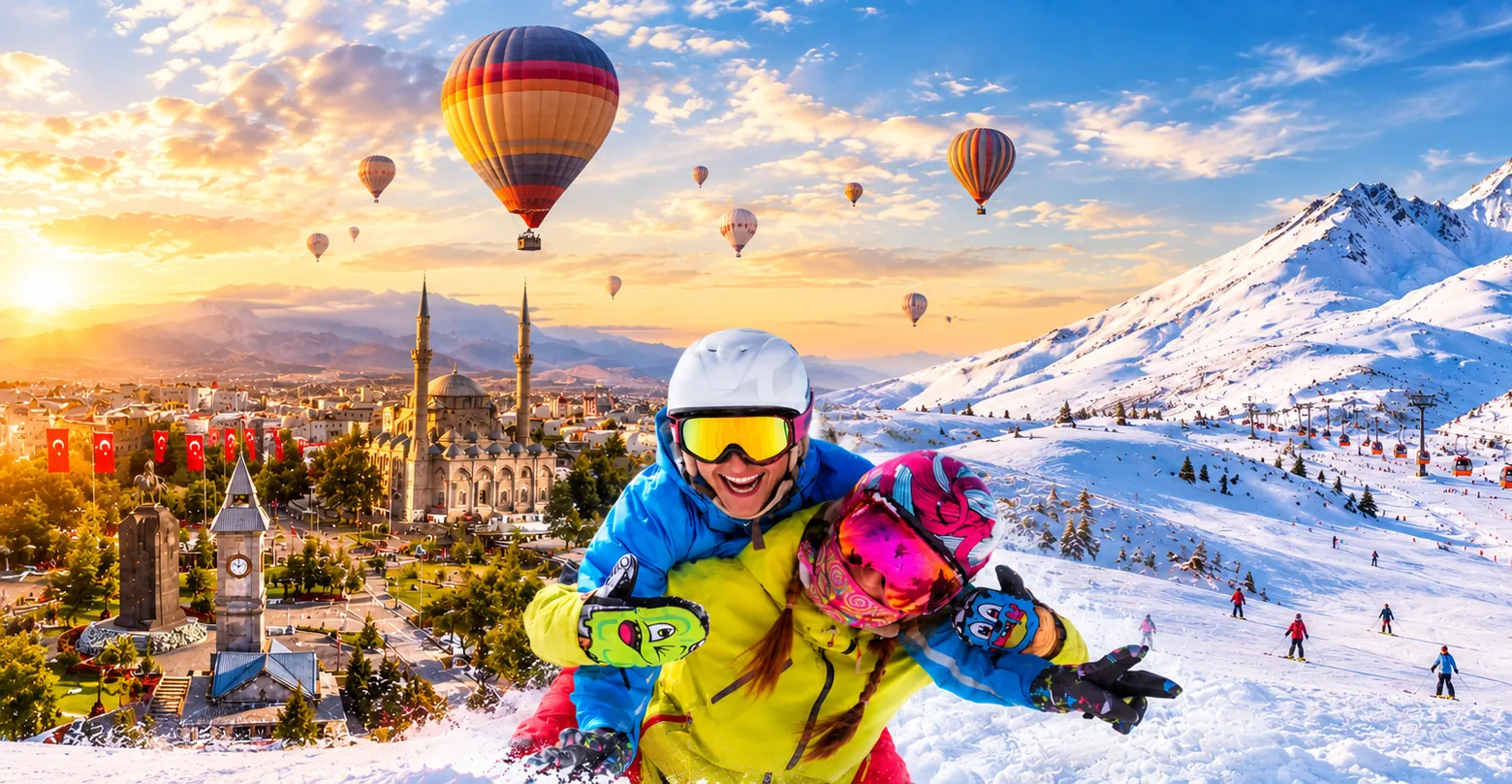 Erciyes'te kayak keyfi, arkada Kayseri şehir merkezi ve balonlar